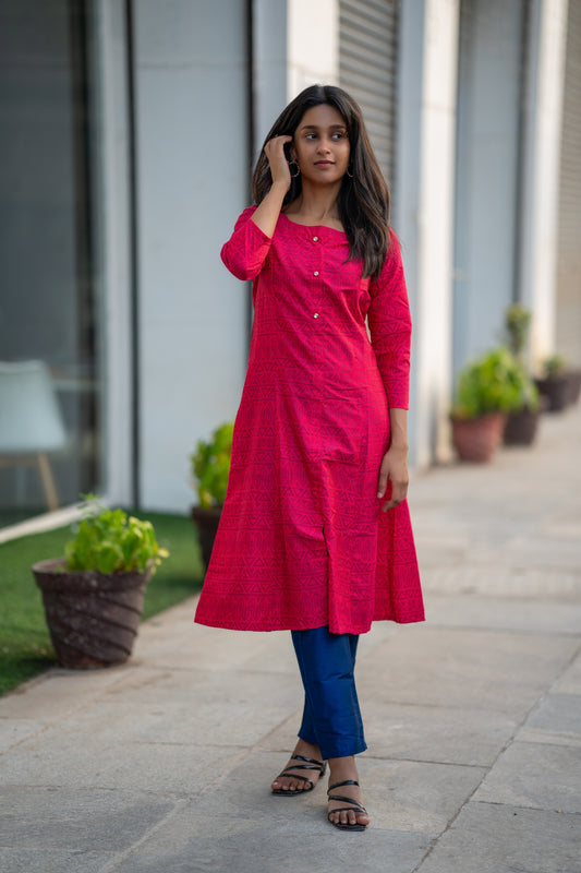 Athira - Red Printed Silk Kurta