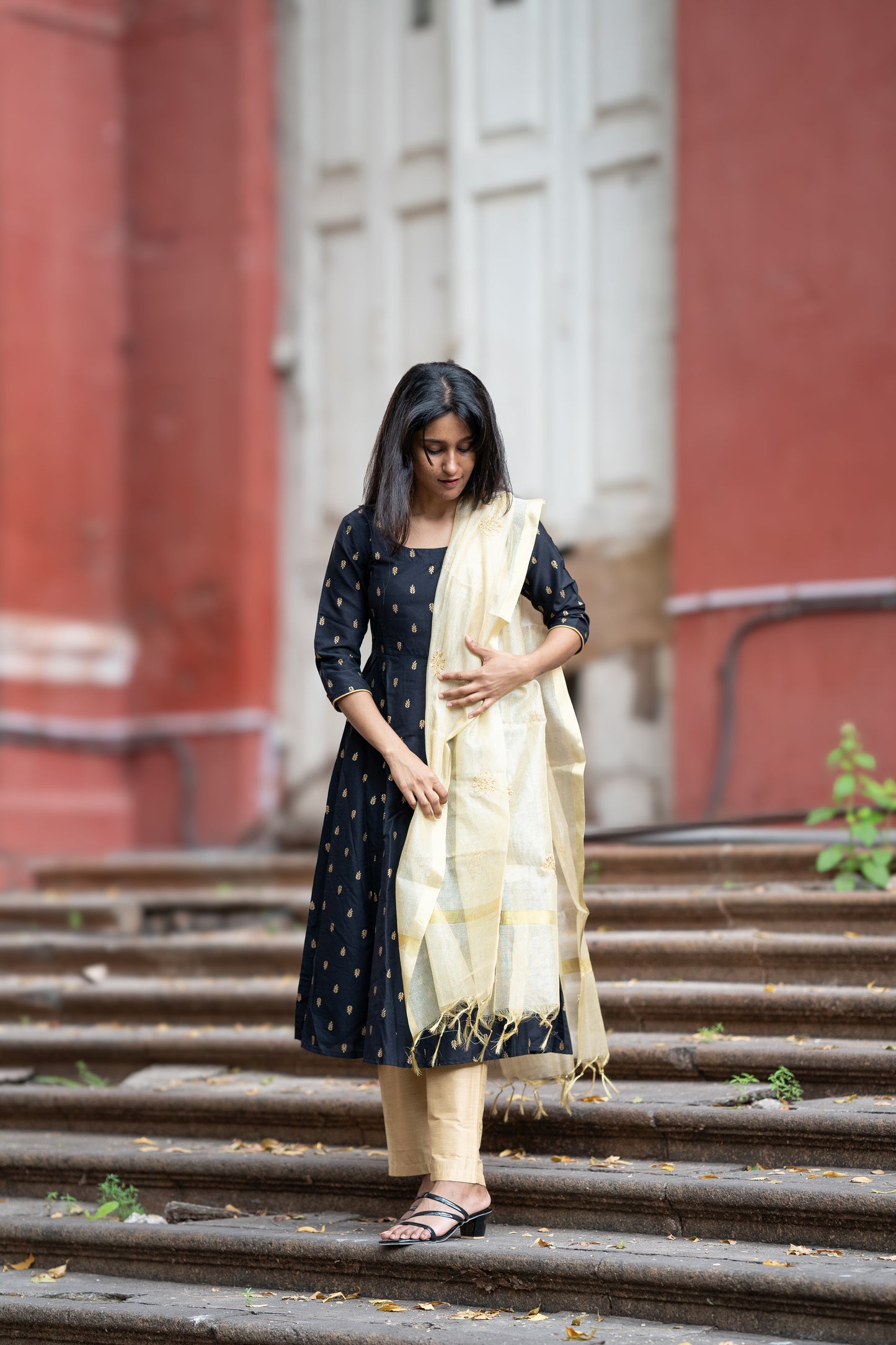 Anayna - Black and gold Silk Blend Anarkali