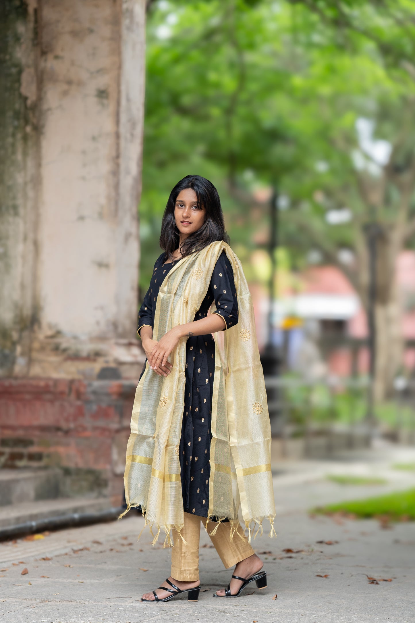 Anayna - Black and gold Silk Blend Anarkali