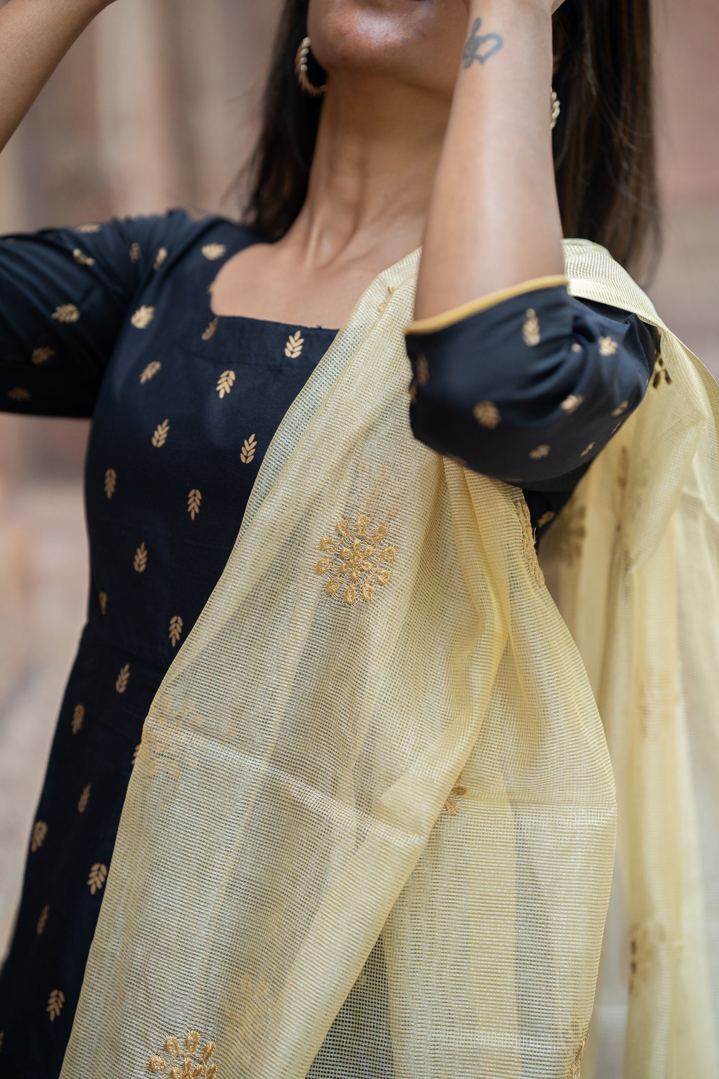 Anayna - Black and gold Silk Blend Anarkali