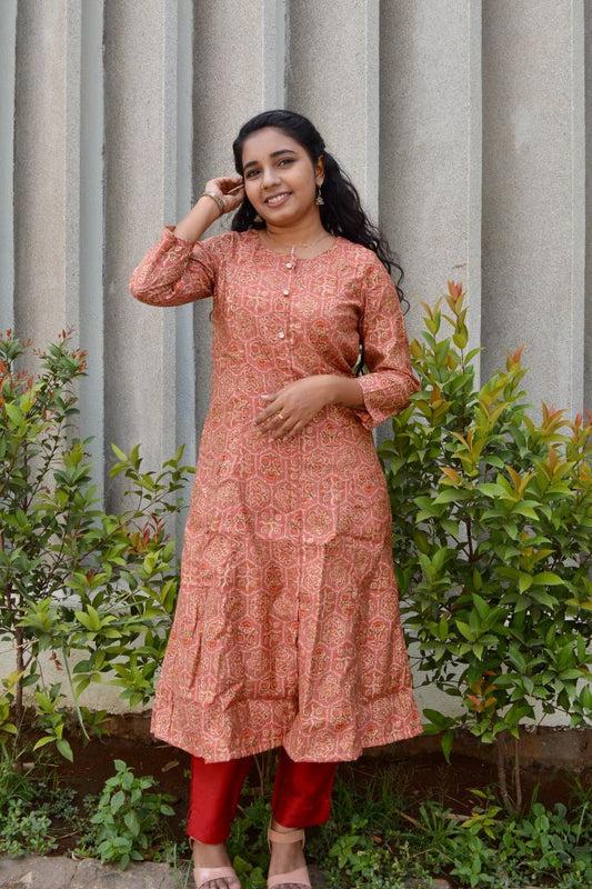 Rust Orange Gold Foil Print Kurta