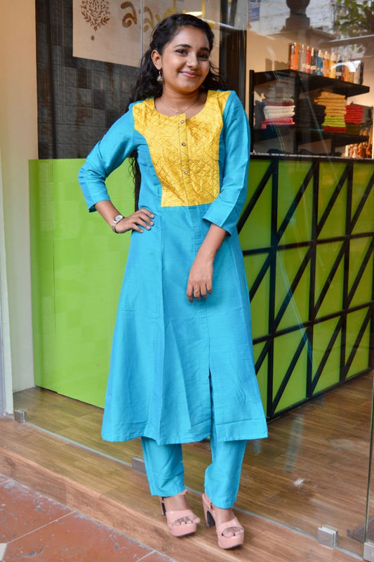 Aqua Blue Yellow Embroidery Work Kurta