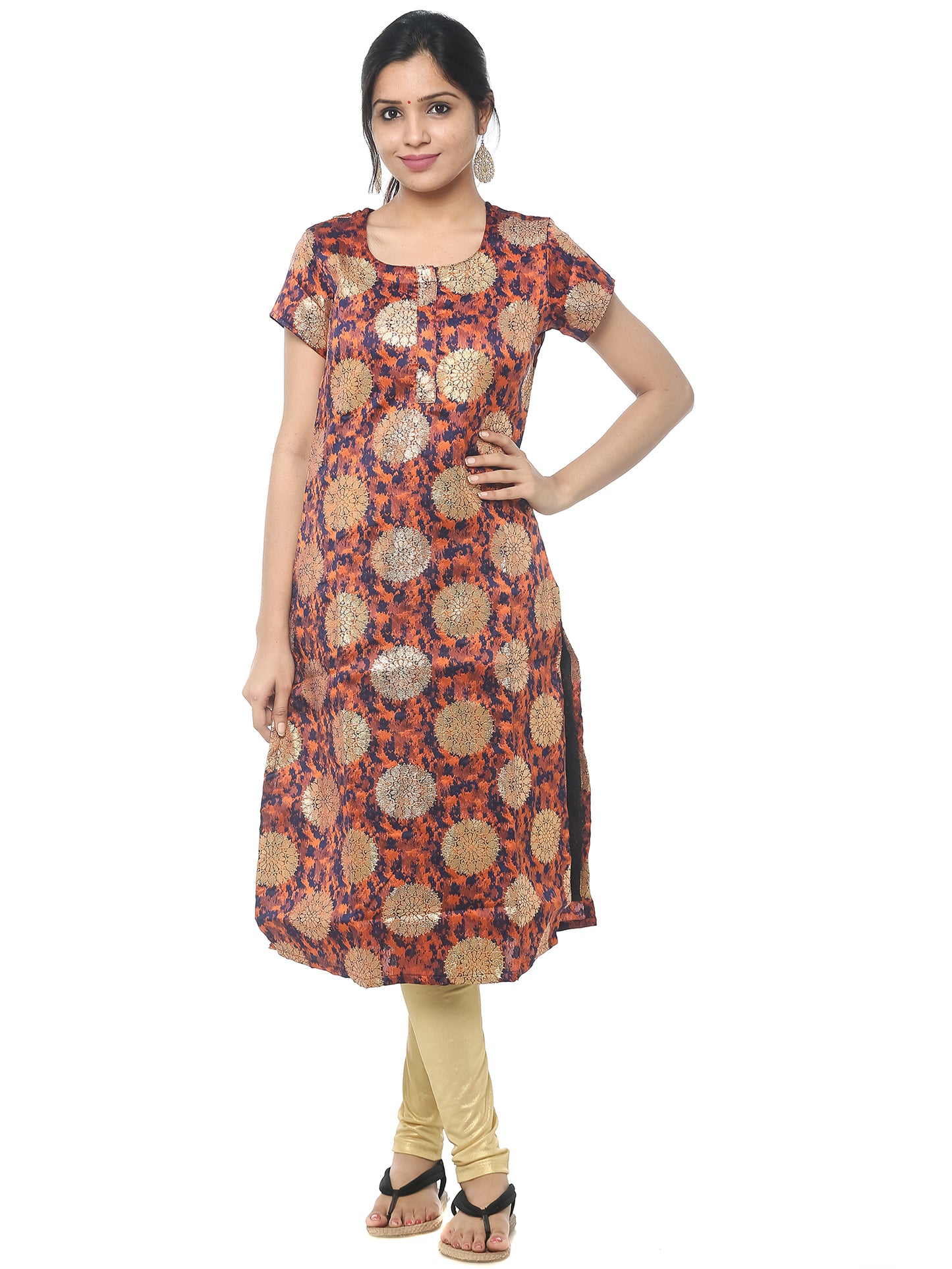 Brocade Gold Print Kurta - Orange