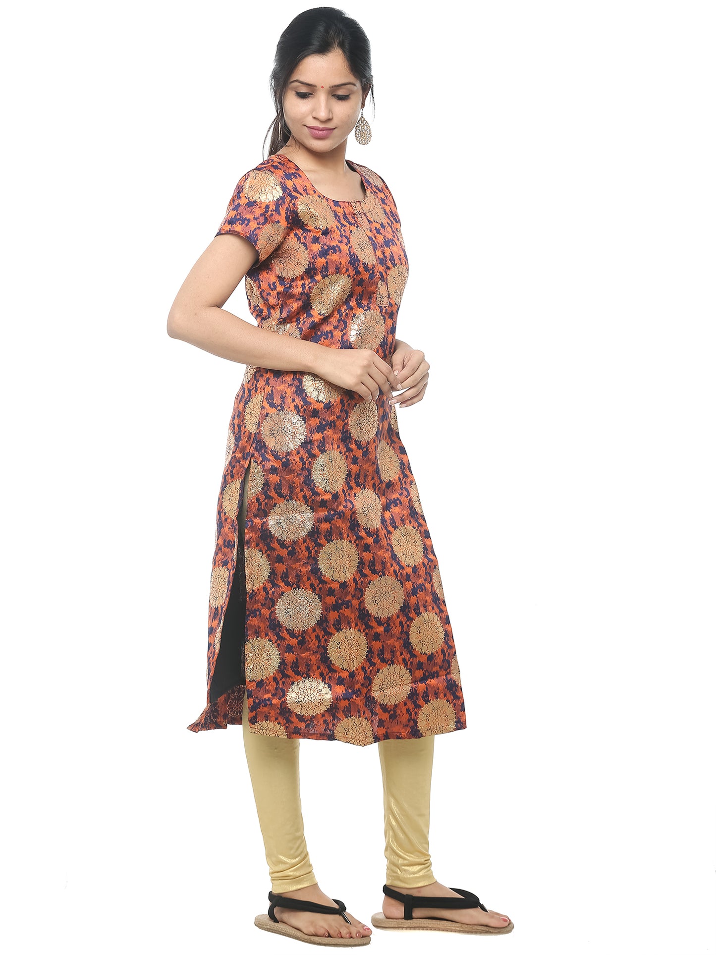 Brocade Gold Print Kurta - Orange