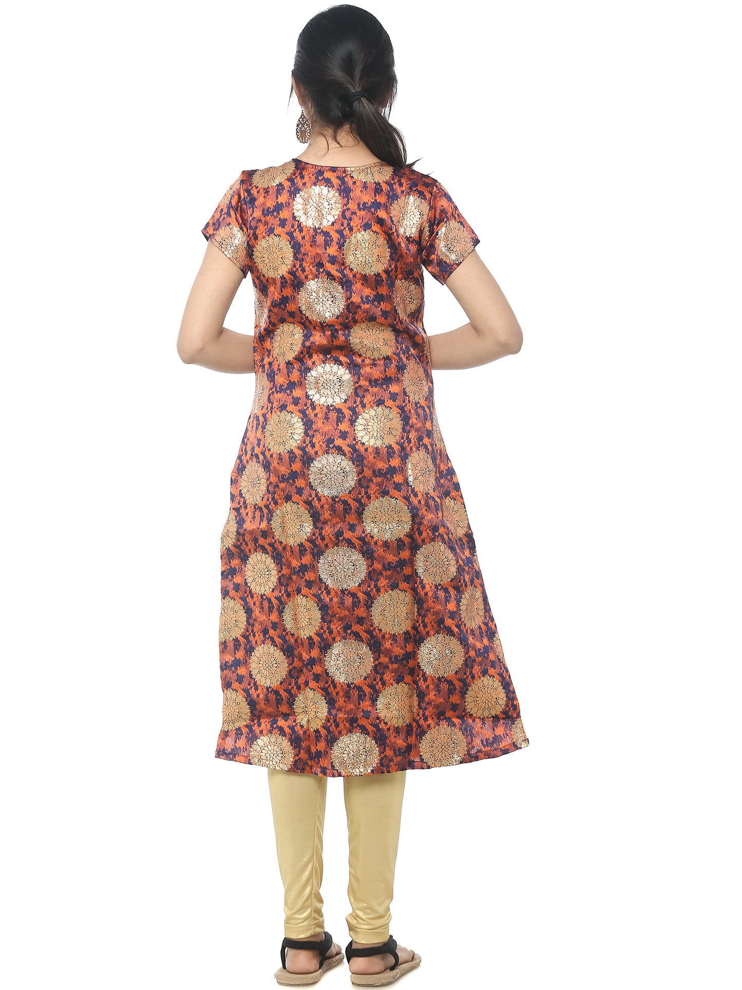 Brocade Gold Print Kurta - Orange