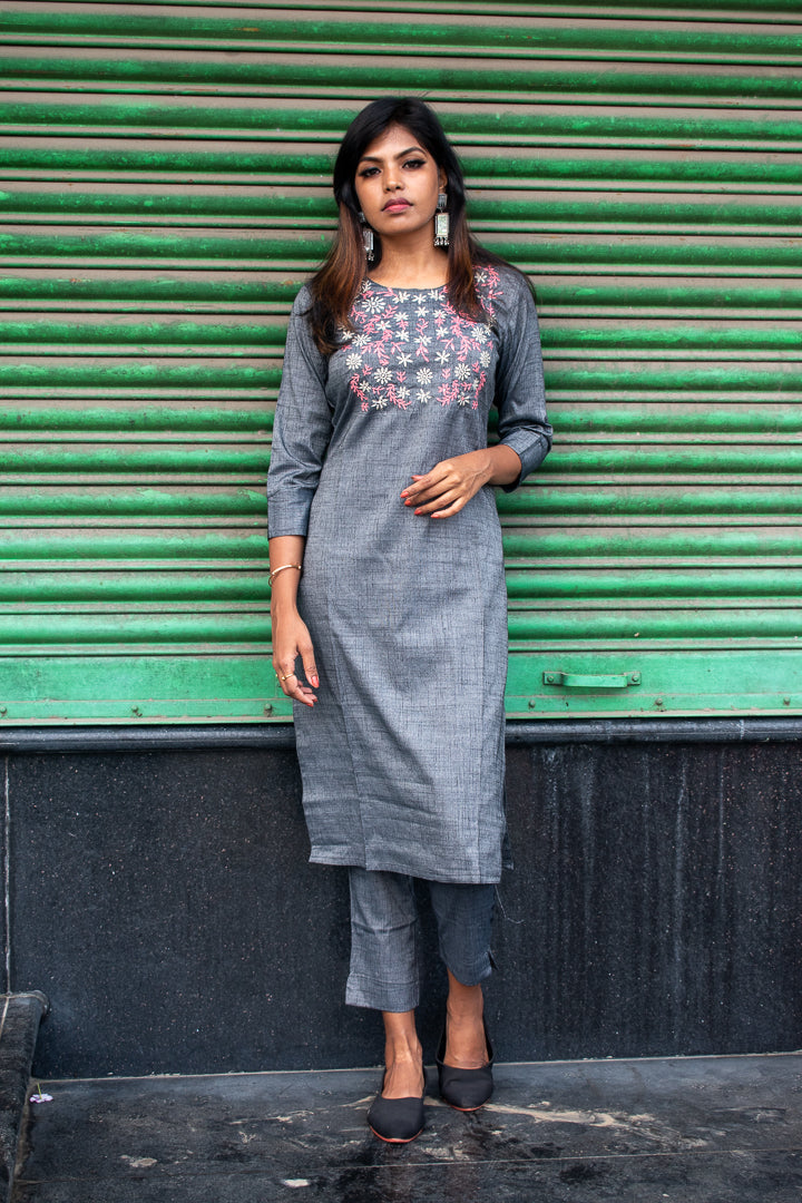 Cotton Kurta Set - Grey