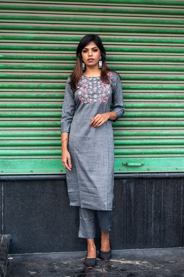 Cotton Kurta Set - Grey